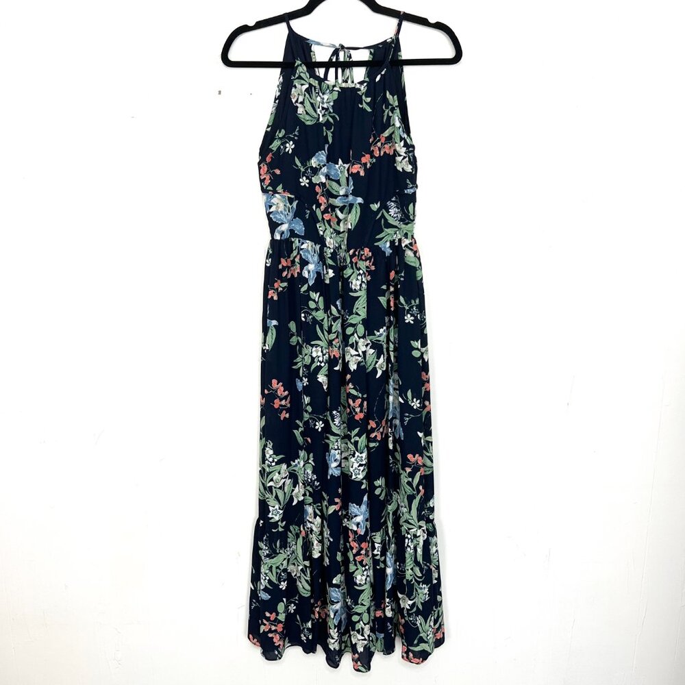 Maison Jules Maxi Dress Navy Floral‎ Halter Neck Ruffle Hem 0 XS